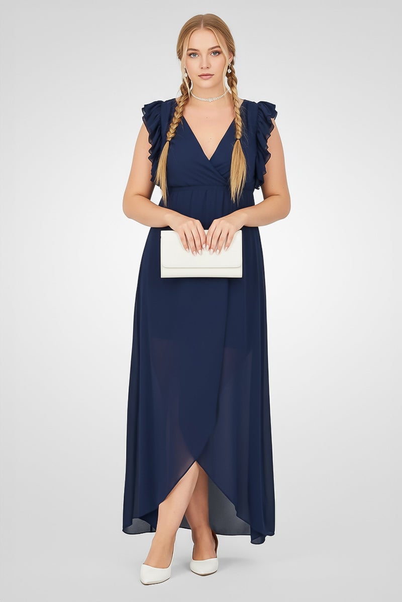 TWINSET Women Solid Ruffle Sleeve Maxi Dress, Navy - Image 1